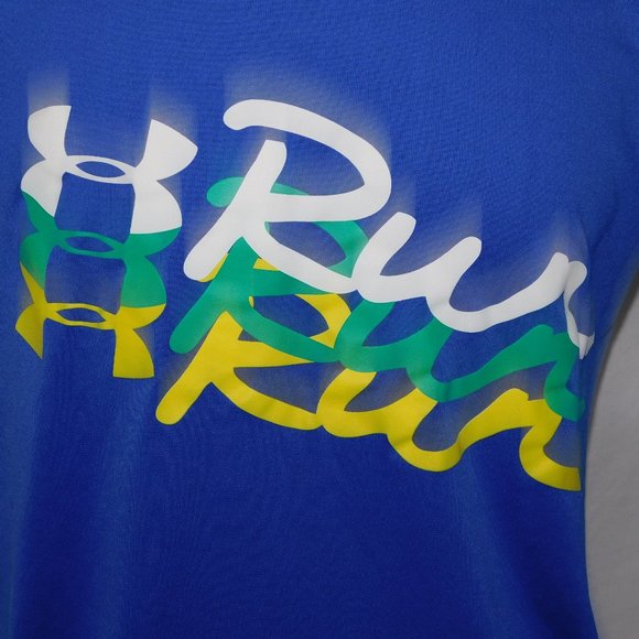 Under Armour Semi-Fitted Heat Gear RUN Blue Graphic T Shirt Mens XL - Picture 2 of 9